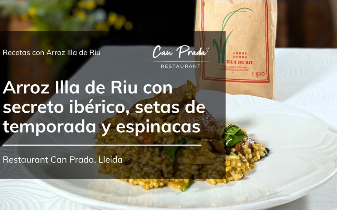 Arroz Illa de Riu con secreto ibérico, setas de temporada y espinacas